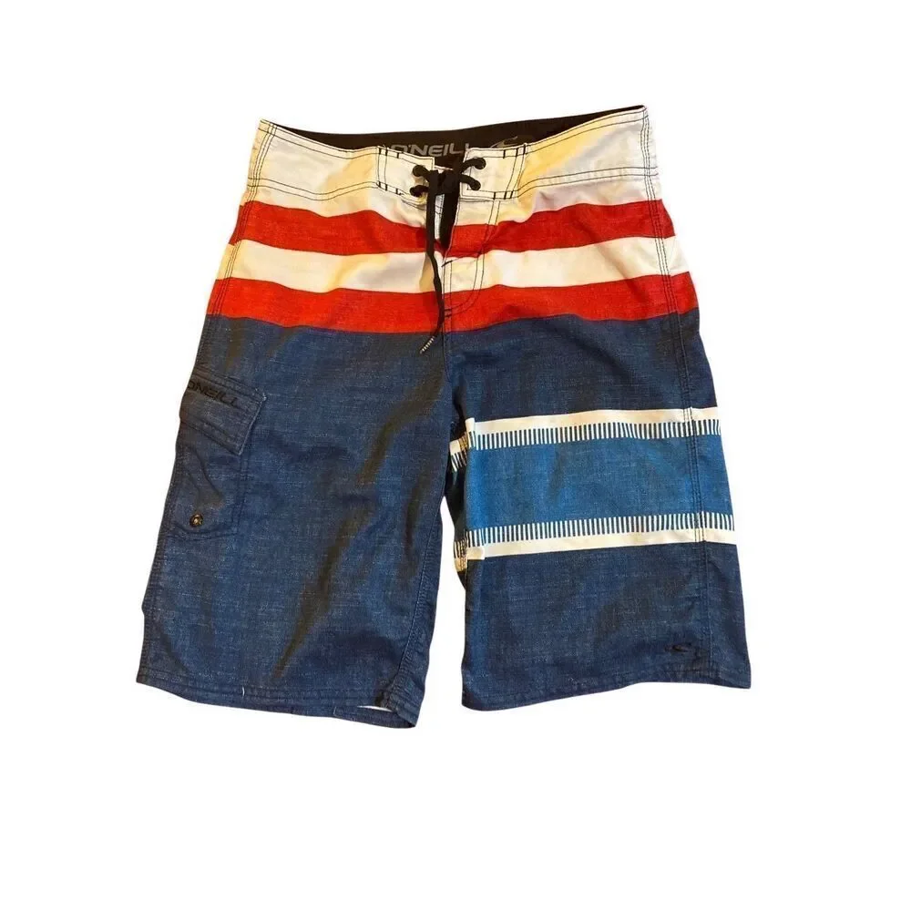 O’Neill men’s board shorts, swim trunks, red white and blue size 28